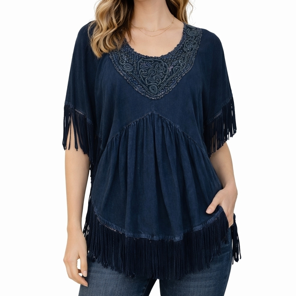 STUDIO WEST APPAREL Rosette Blue Distressed Chambray Fringe Poncho Style Top